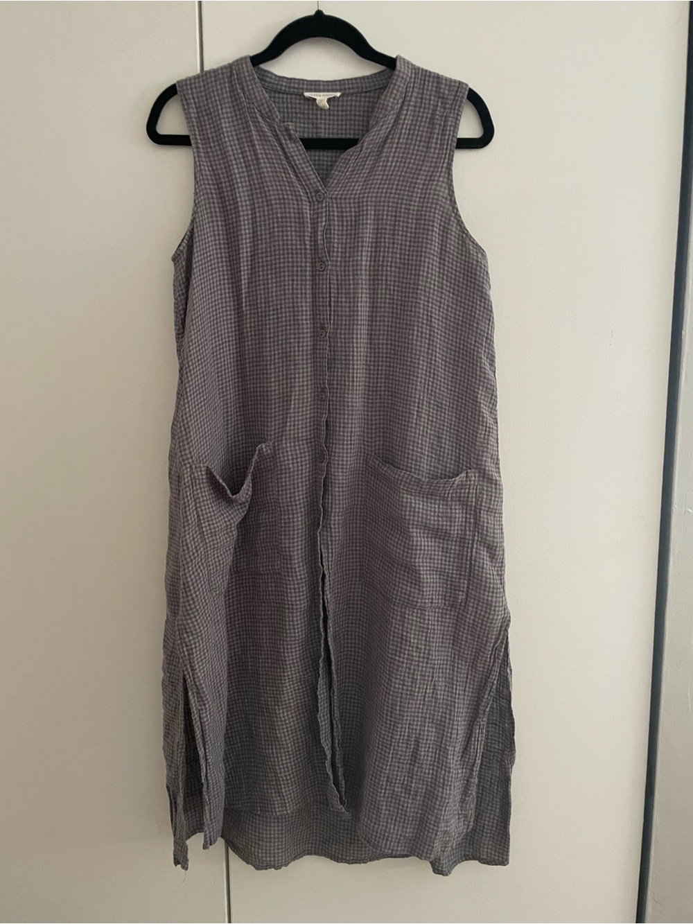 Eileen Fisher Organic Linen Pucker Check Gingham Tunic Top in Moon